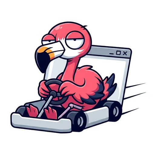 The flamingo driving a browser window like a go-kart