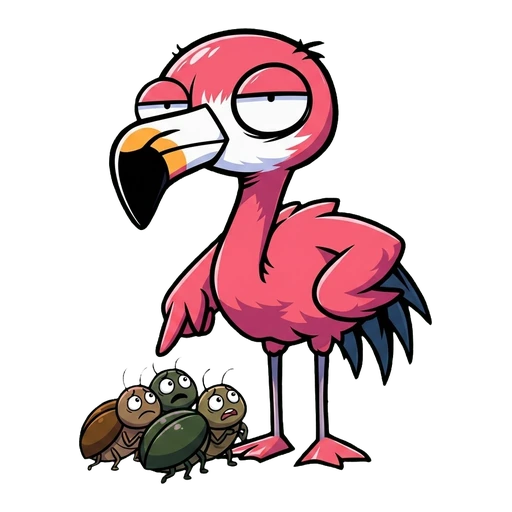 The flamingo confronting three bugs